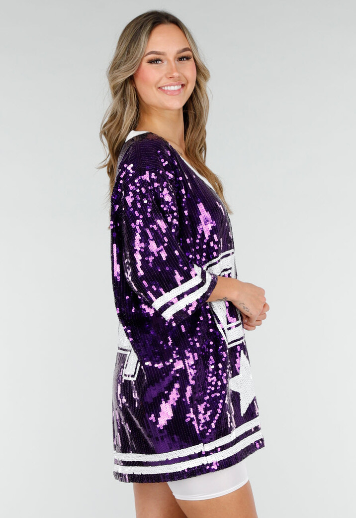 Paarse Oversized Pailletten Jersey Top met V Hals