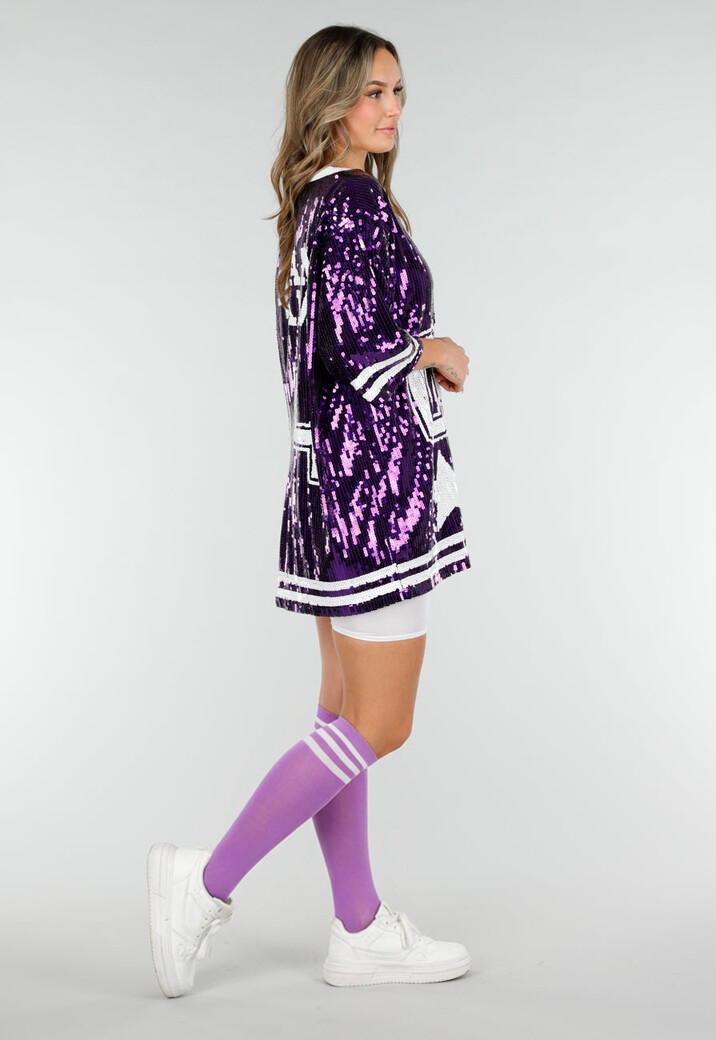 Paarse Oversized Pailletten Jersey Top met V Hals