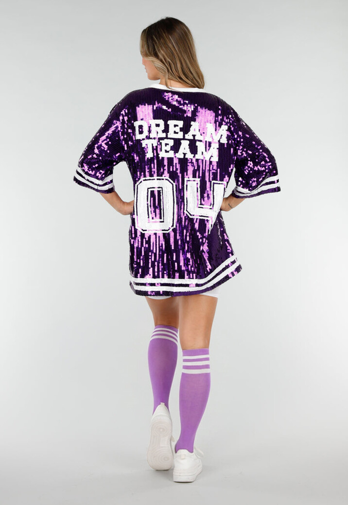 Paarse Oversized Pailletten Jersey Top met V Hals