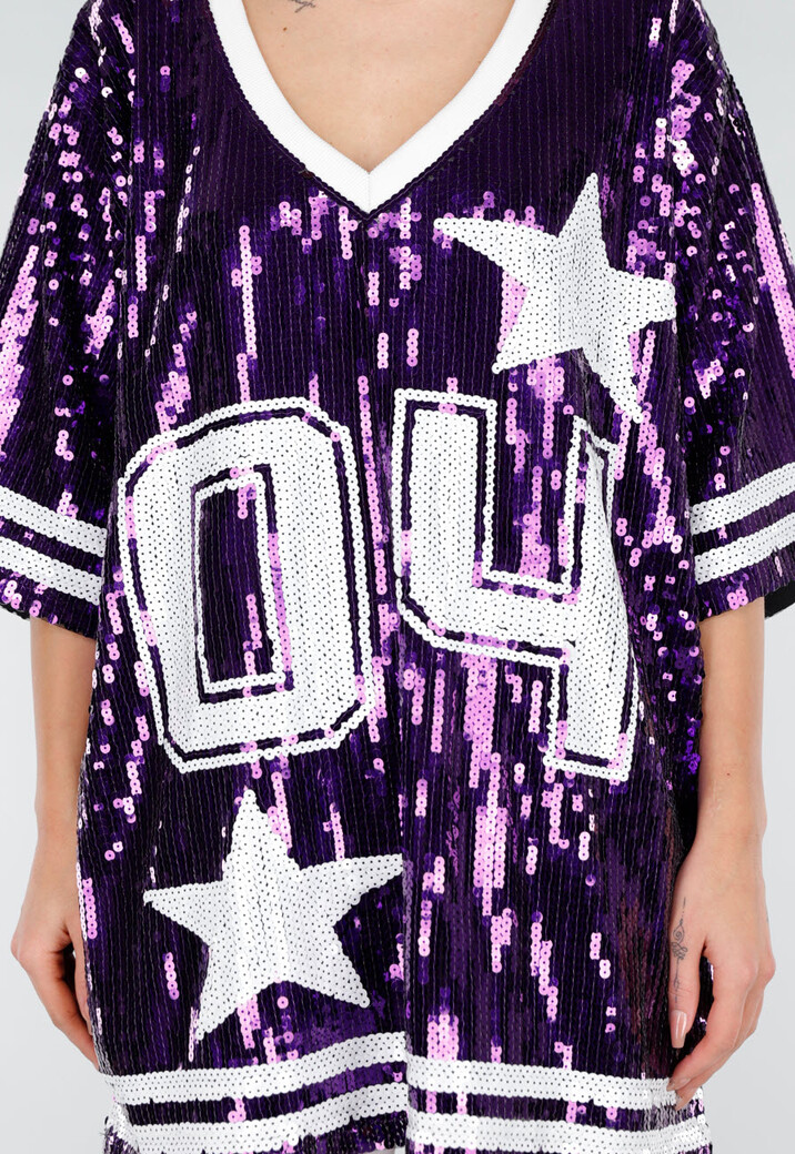 Paarse Oversized Pailletten Jersey Top met V Hals