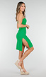 Groene Strapless Midi Jurk met Split en Stretch