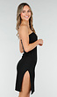 Zwarte Strapless Midi Jurk met Split en Stretch