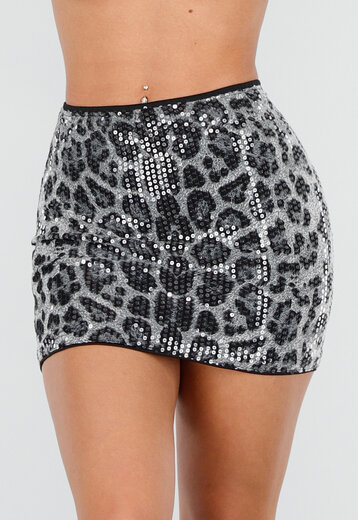 Korte Grijze Panterprint Rok met Pailletten