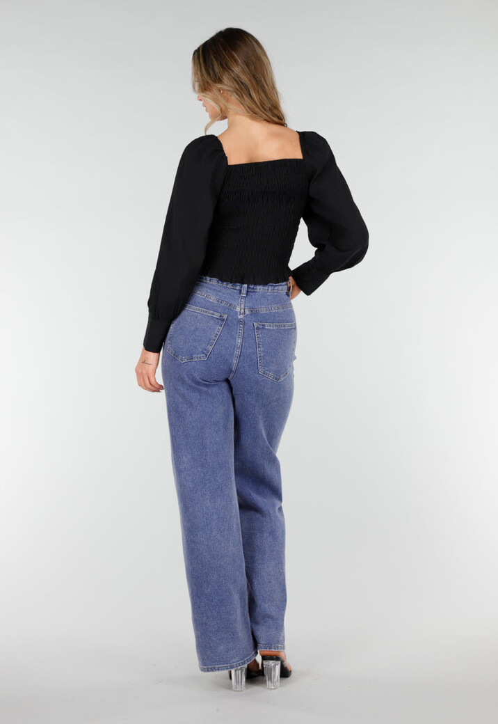 Zwarte Blouse met Lange Pofmouwen en Knopen