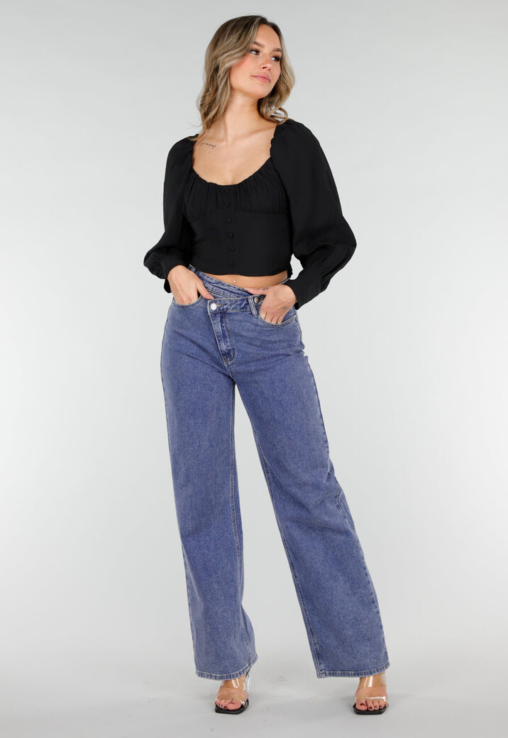 Zwarte Blouse met Lange Pofmouwen en Knopen