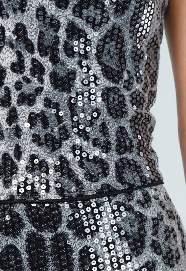 Grijze Strapless Bandeau Pailletten Top met Panterprint en Stretch