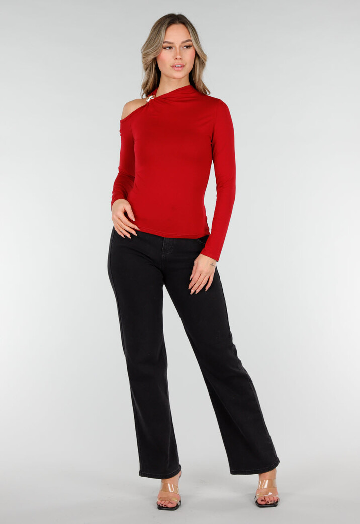 Bordeauxrode One Shoulder Top met Lange Mouwen
