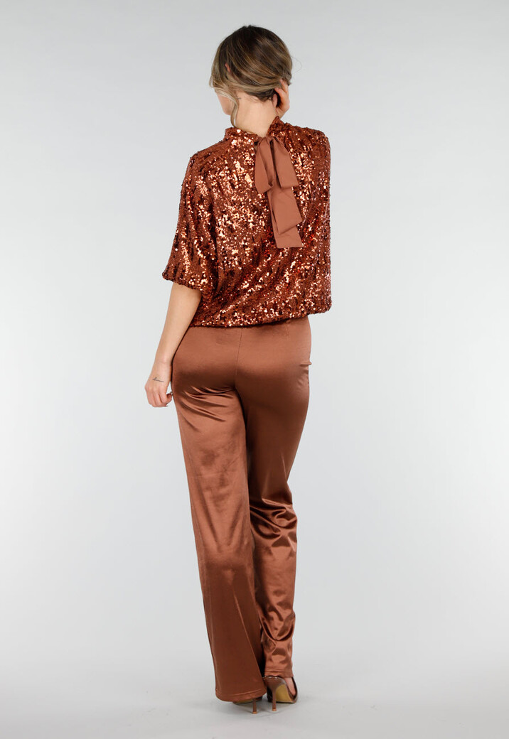 Bronzen Pailletten Top met Korte Mouwen