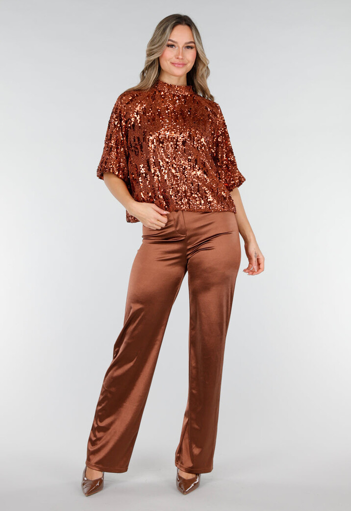 Bronzen Pailletten Top met Korte Mouwen