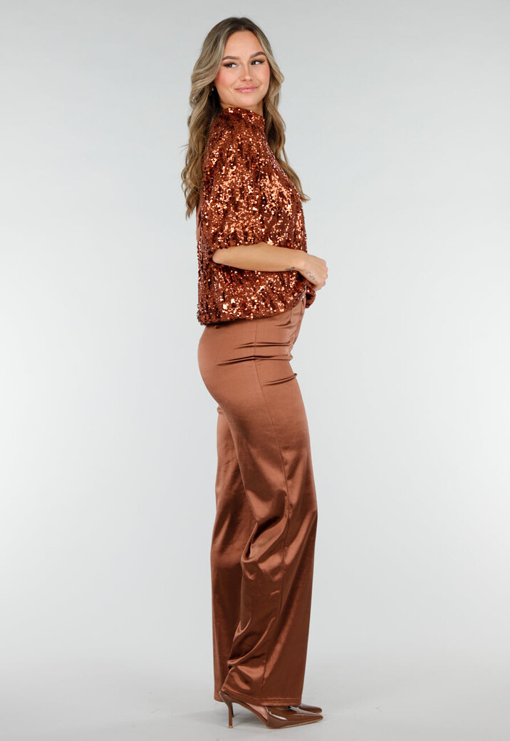 Bronzen Pailletten Top met Korte Mouwen