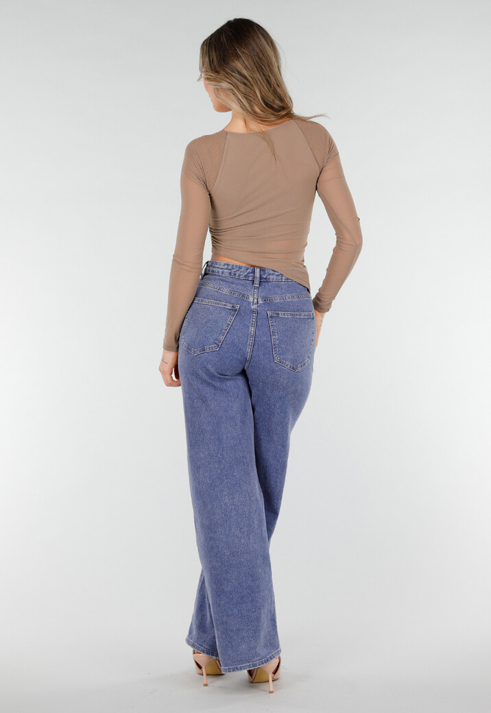 Bruine Asymmetrische Mesh Top met Lange Mouwen en Pads