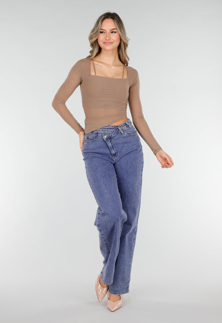 Bruine Asymmetrische Mesh Top met Lange Mouwen en Pads