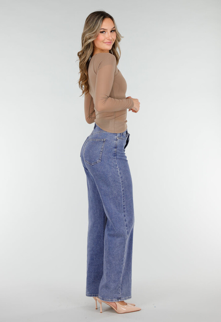 Bruine Asymmetrische Mesh Top met Lange Mouwen en Pads