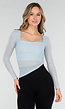 Lichtblauwe Asymmetrische Mesh Top met Lange Mouwen en Pads