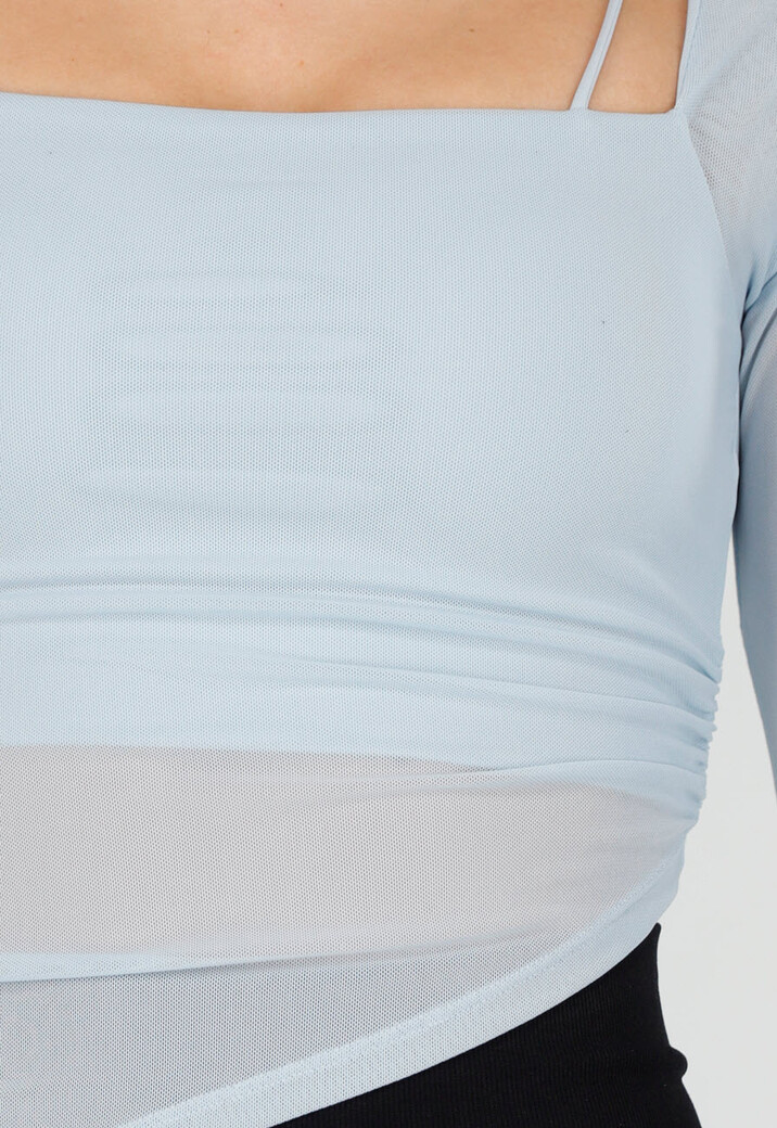 Lichtblauwe Asymmetrische Mesh Top met Lange Mouwen en Pads