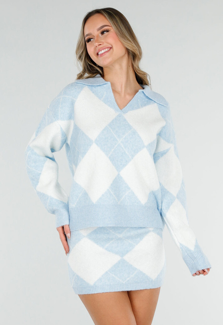 Lichtblauwe Gebreide Ruitpatroon Set met Trui en Rok