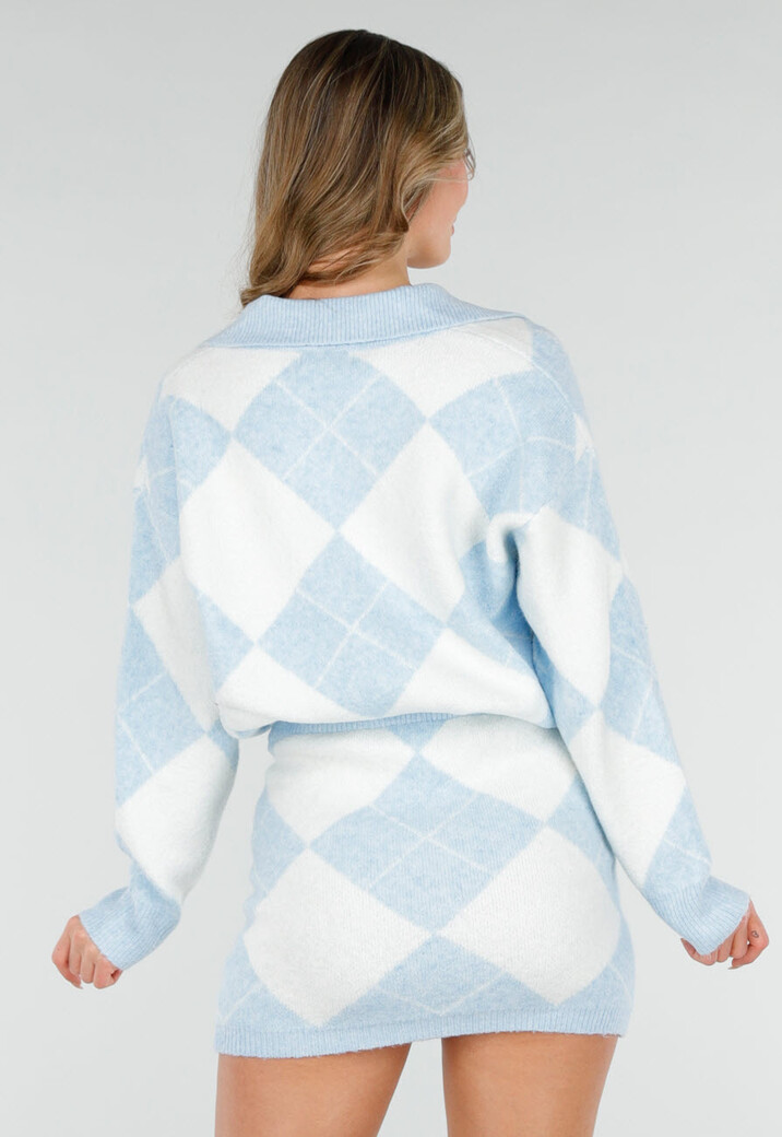 Lichtblauwe Gebreide Ruitpatroon Set met Trui en Rok