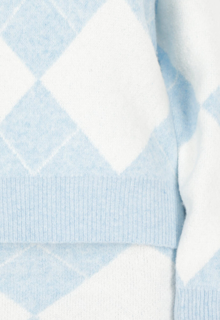 Lichtblauwe Gebreide Ruitpatroon Set met Trui en Rok