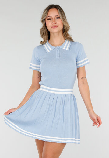Blauwe Set met Polo Top en Plissé Rok