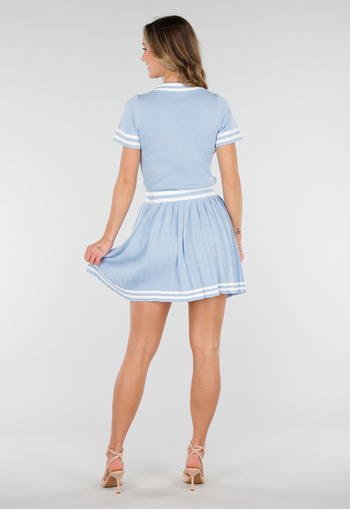 Blauwe Set met Polo Top en Plissé Rok