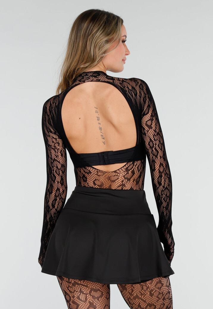 Zwarte Mesh Bodystocking met Stretch en Open Rug