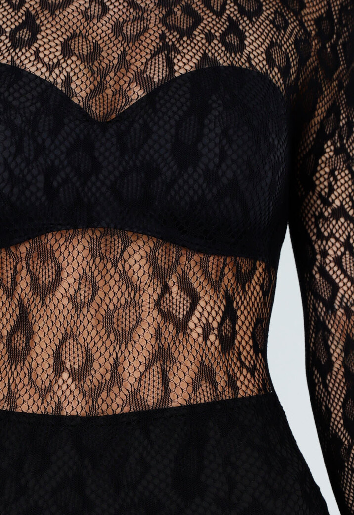 Zwarte Mesh Bodystocking met Stretch en Open Rug
