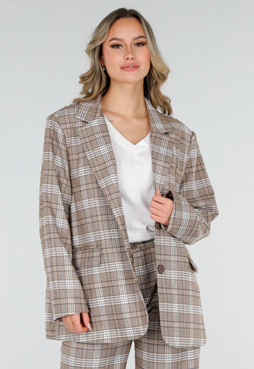 Beige Geruite Blazer met Schoudervullingen