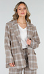 Beige Geruite Blazer met Schoudervullingen