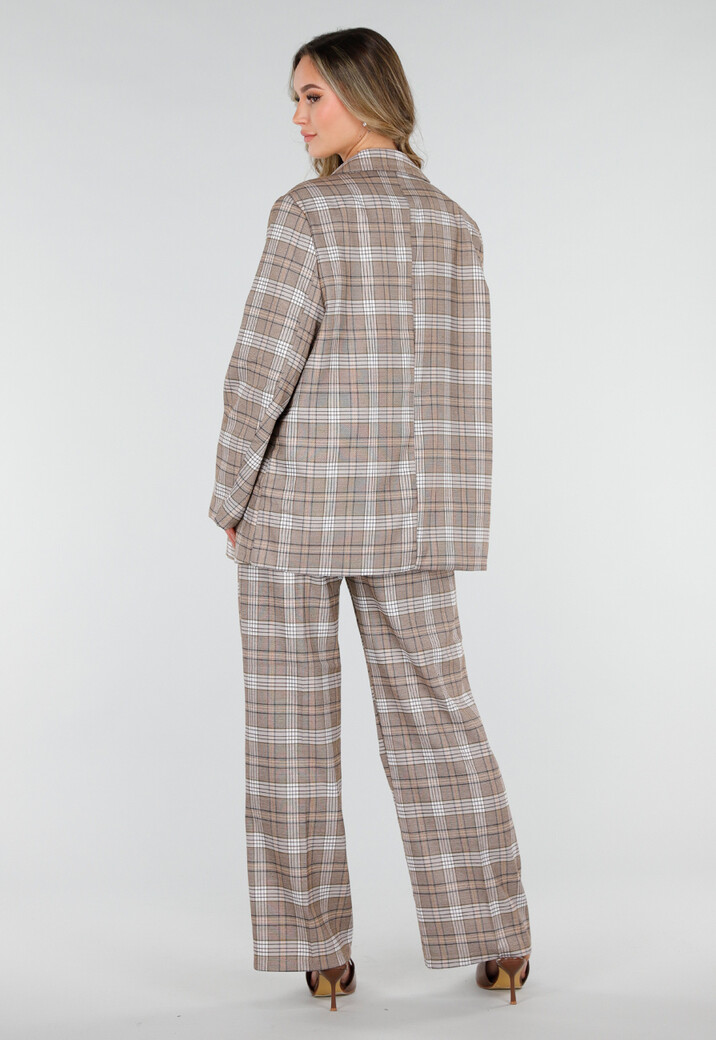 Beige Geruite Blazer met Schoudervullingen