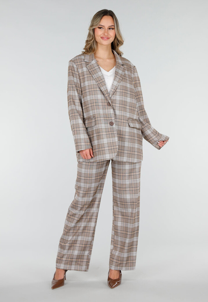 Beige Geruite Blazer met Schoudervullingen