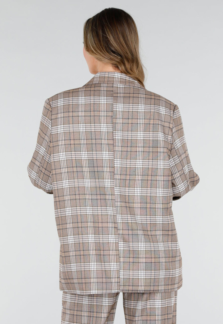 Beige Geruite Blazer met Schoudervullingen