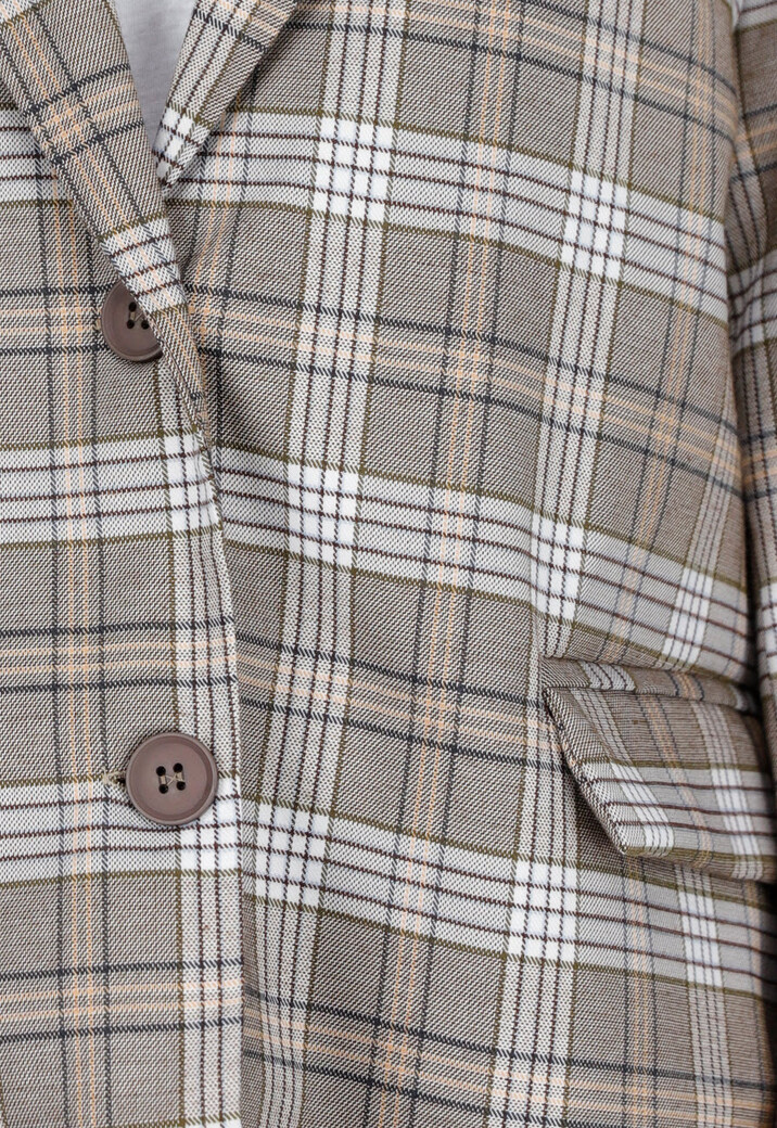 Beige Geruite Blazer met Schoudervullingen