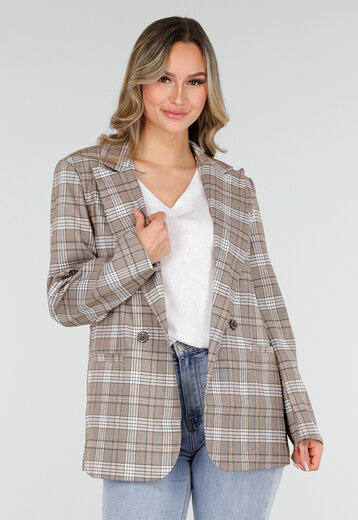 Beige Geruite Blazer met Schoudervullingen