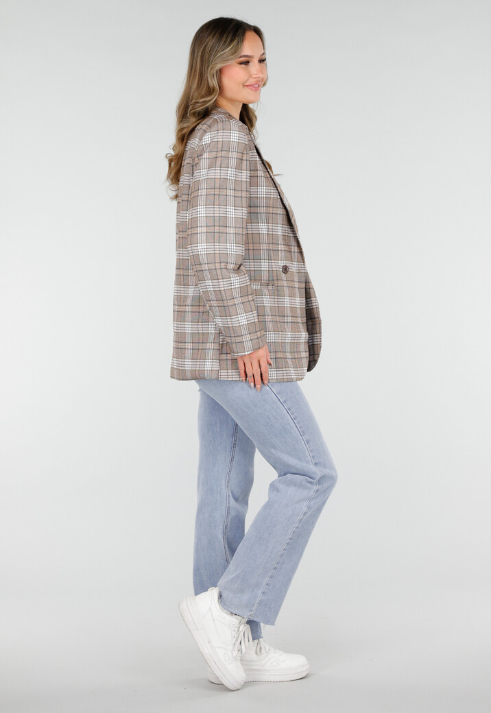 Beige Geruite Blazer met Schoudervullingen