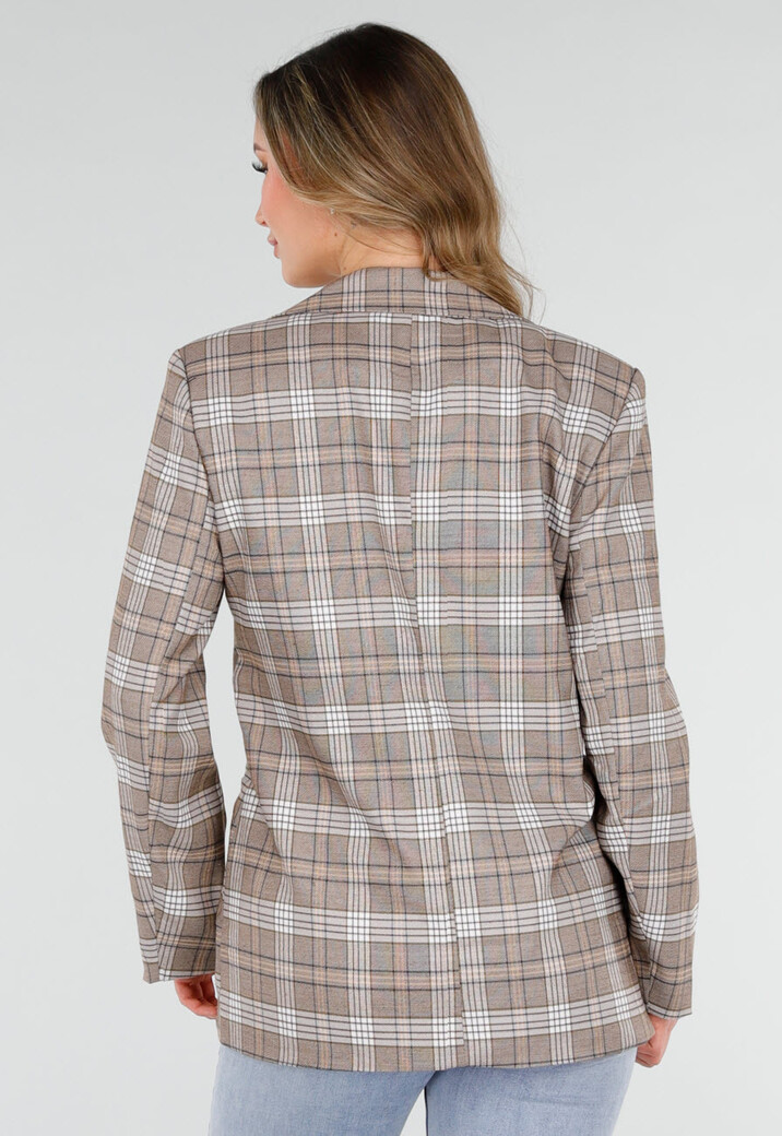 Beige Geruite Blazer met Schoudervullingen