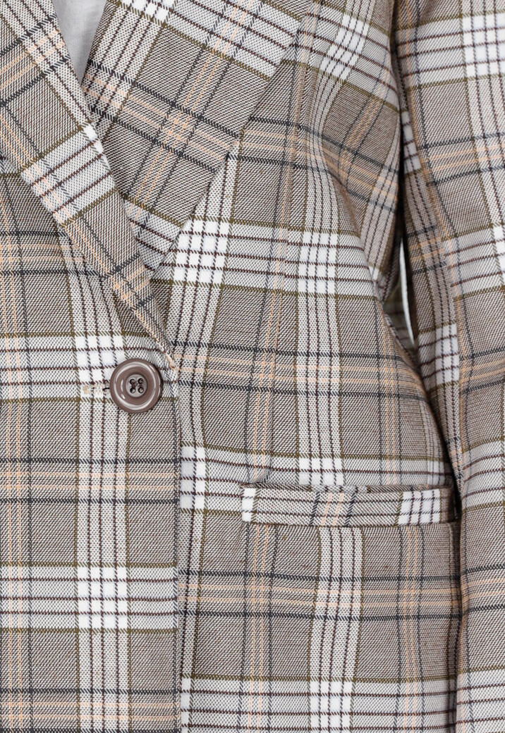 Beige Geruite Blazer met Schoudervullingen