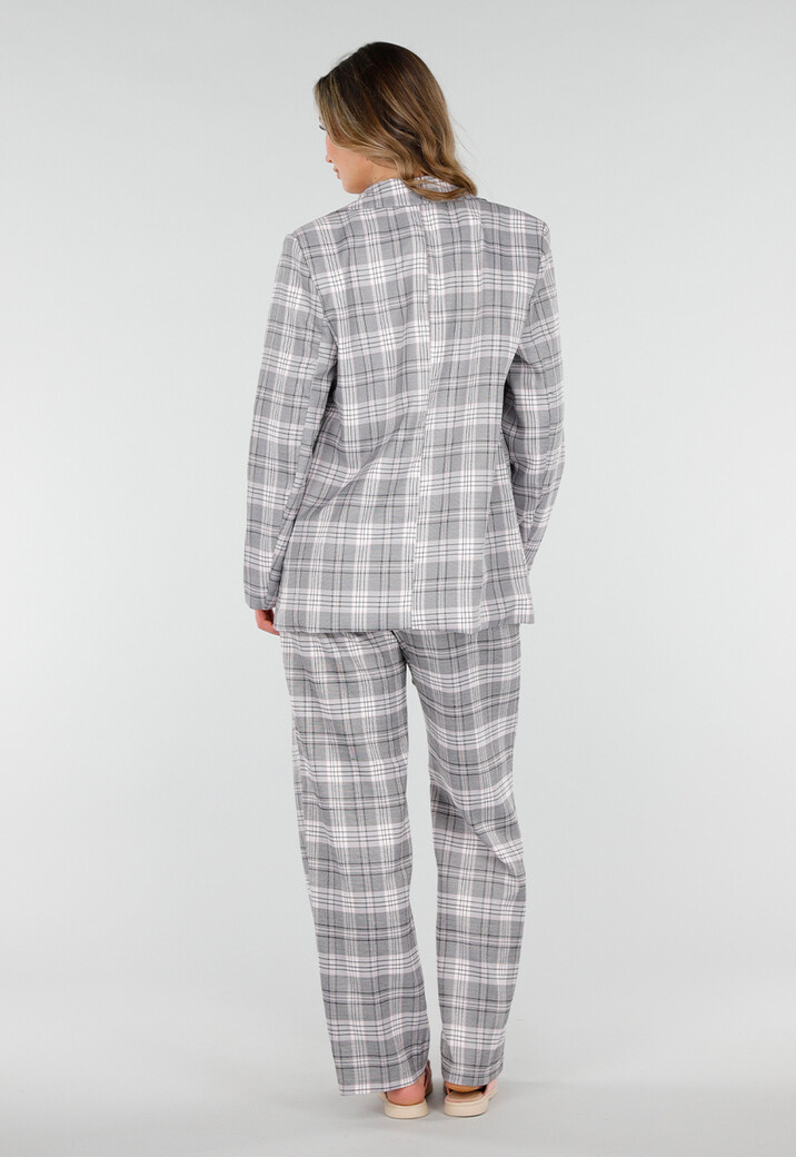 Grijs Roze Geruite Blazer met Schoudervullingen