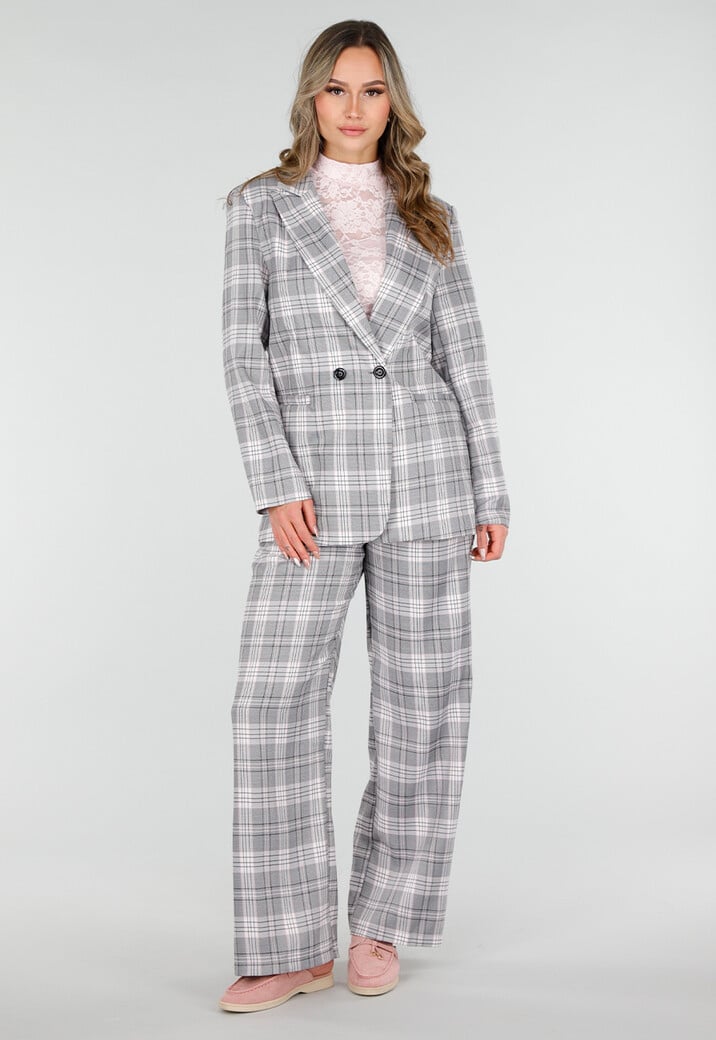 Grijs Roze Geruite Blazer met Schoudervullingen