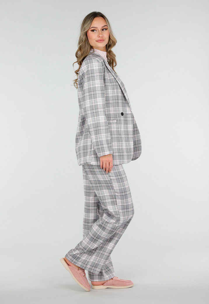 Grijs Roze Geruite Blazer met Schoudervullingen