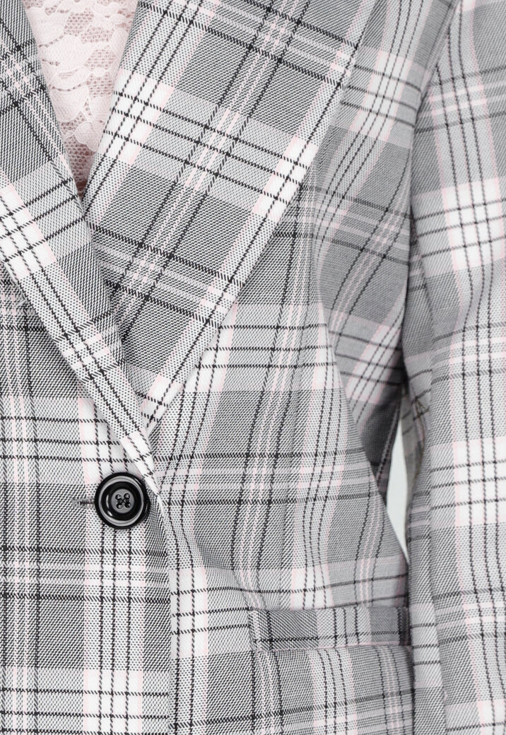 Grijs Roze Geruite Blazer met Schoudervullingen