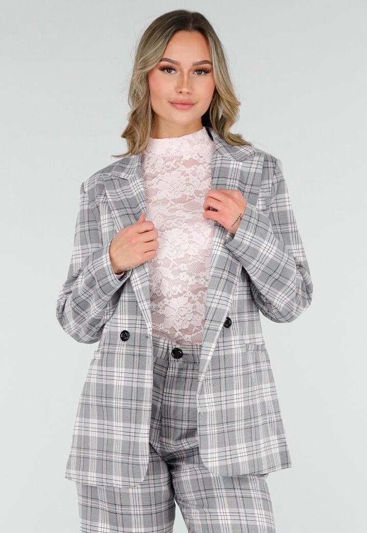 Grijs Roze Geruite Blazer met Schoudervullingen