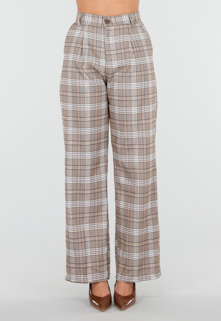 Beige Geruite Pantalon Straight Leg