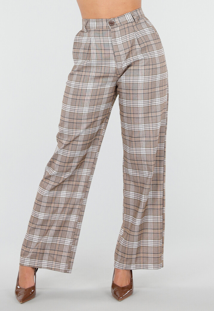 Beige Geruite Pantalon Straight Leg