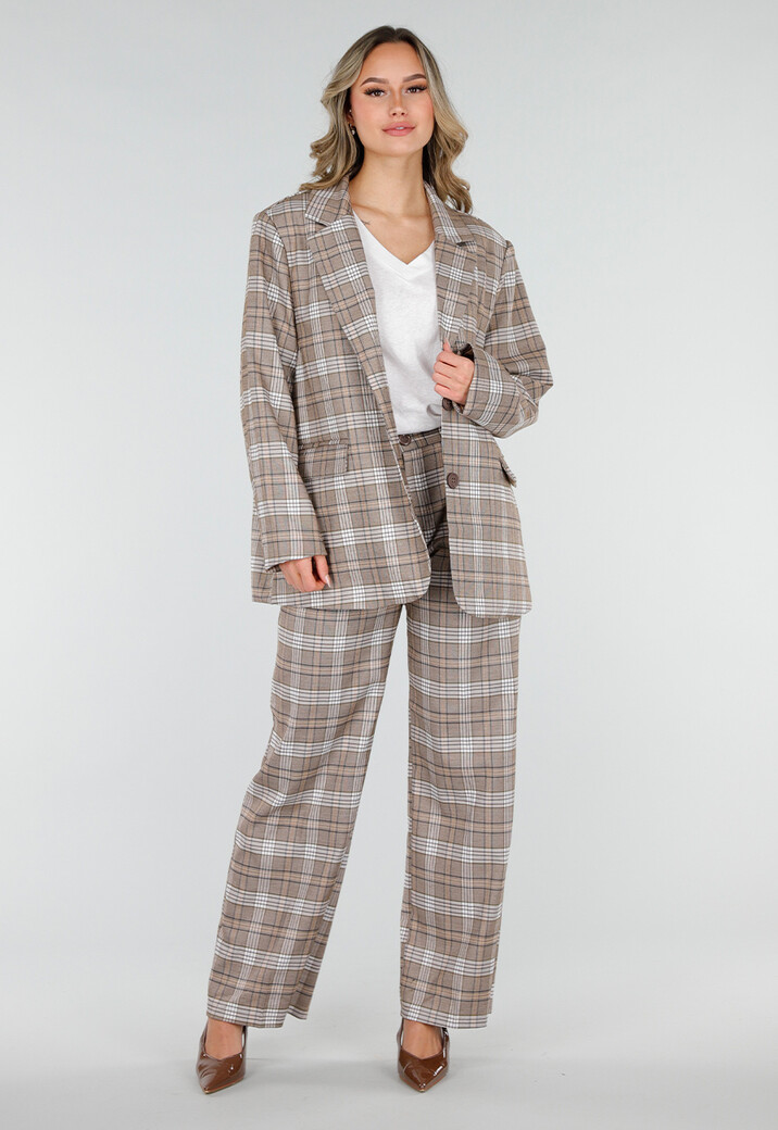 Beige Geruite Pantalon Straight Leg