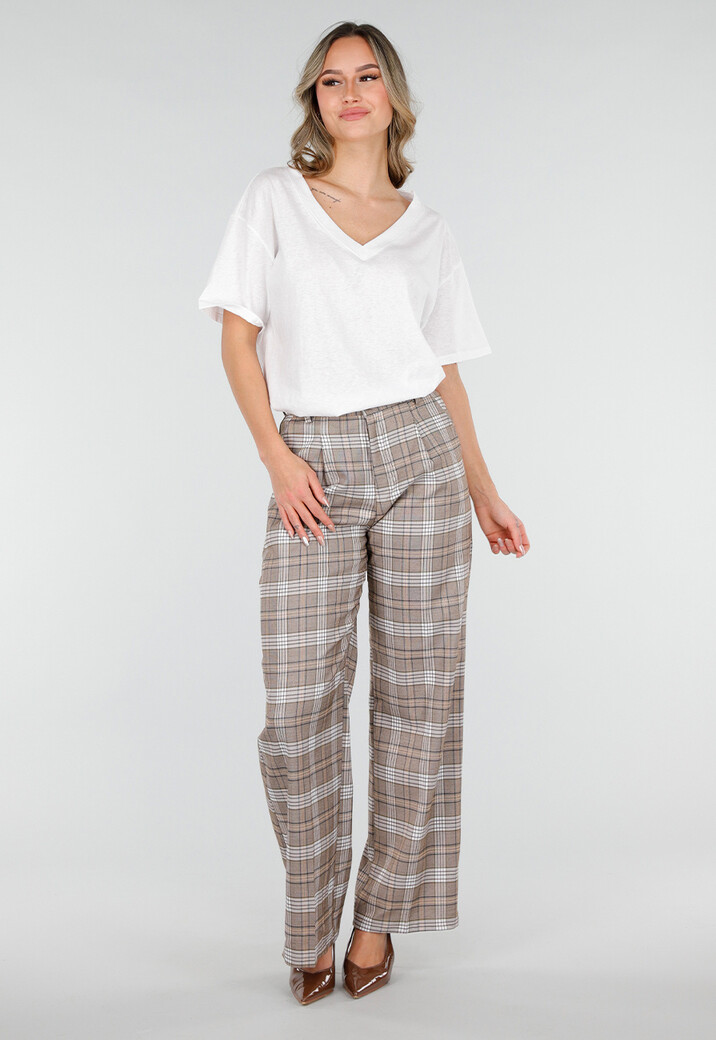 Beige Geruite Pantalon Straight Leg