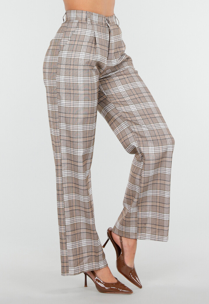 Beige Geruite Pantalon Straight Leg