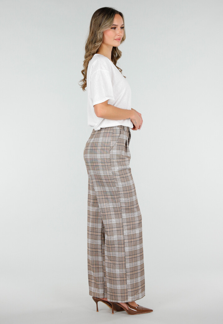 Beige Geruite Pantalon Straight Leg