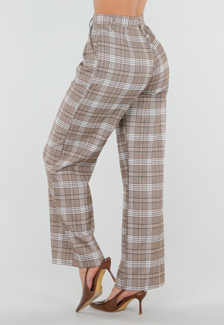Beige Geruite Pantalon Straight Leg