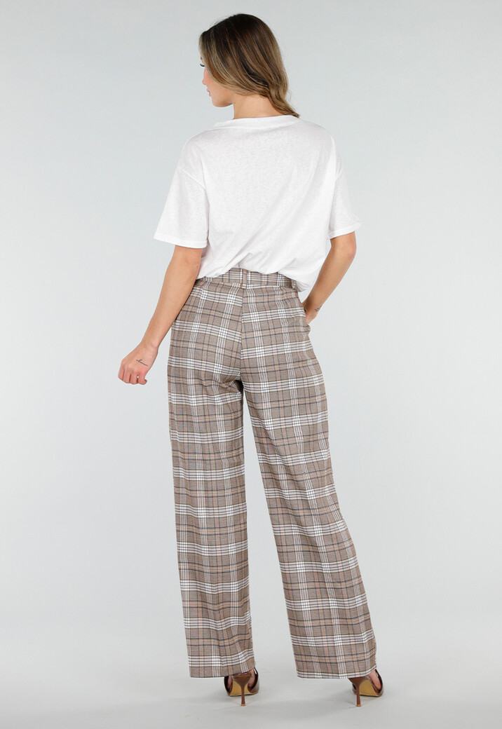 Beige Geruite Pantalon Straight Leg