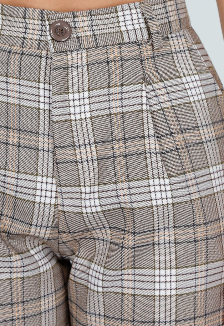 Beige Geruite Pantalon Straight Leg